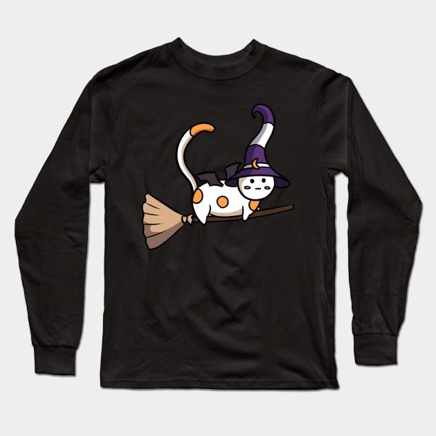 Cute witch cat flying on a broom Sticker Long Sleeve T-Shirt by Doya